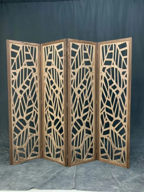 Banana Leaf Design Room Divider with Wood Frame - Walnut Veneered - 4 Panels