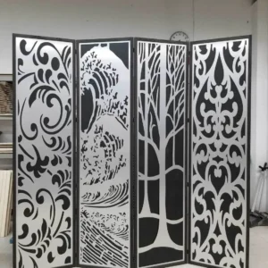 Chinese Design Black Translucent Room Divider with Wood Frame - Silver Aluminum Composite - 4 Panels
