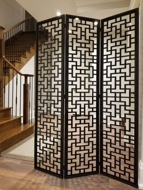 Lattice Black Room Divider with Wood Frame - Black Aluminum Composite - 3 Panels